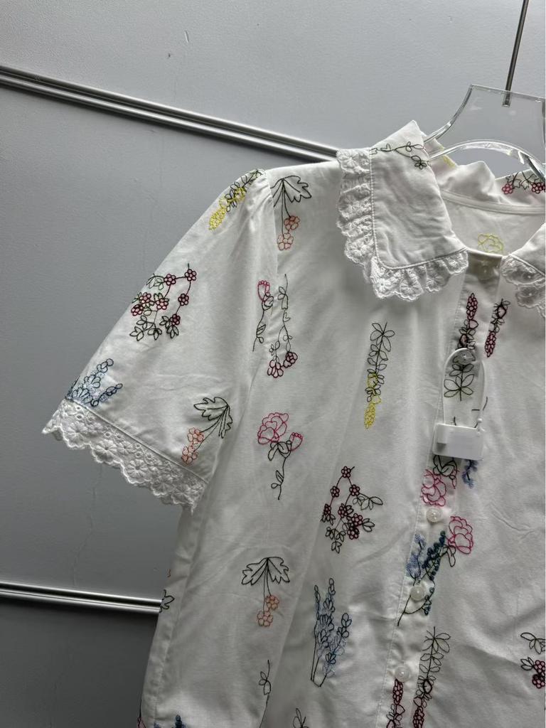 French Floral Embroidered Lace-Trim Lapel Short-Sleeve Loose Shirt for Women