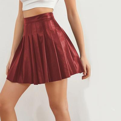 Dámská letní sexy krátká plisovaná sukně z PU, kožená sukně s vysokým pasem
