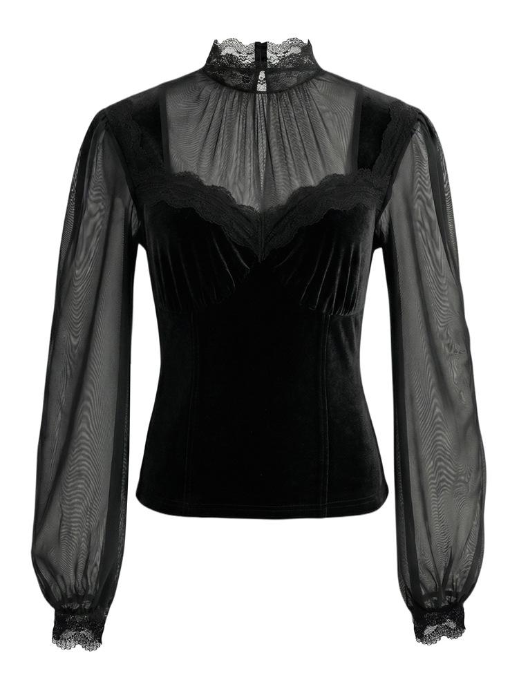 Elegant Spliced Mesh Bell Sleeve Lace-up Waist Top - Spring/Autumn 2026 Collection