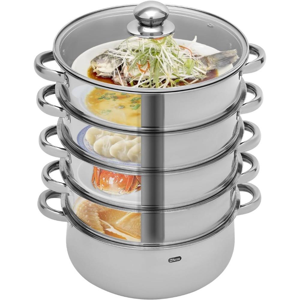 Steamer Pot 5 Tier Stainless Steel Steamer Pan Dumpling Steamer Large Steamer Cooking Pot with Vented Glass Lid for All Stoves