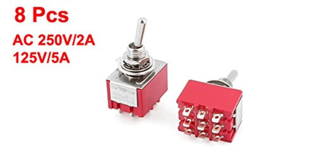 Uxcell Toggle AC Pack of 8 Switch, 250V/2A, 125V/5A, 3PDT, On-On, 2-Position, 9-Pin,
