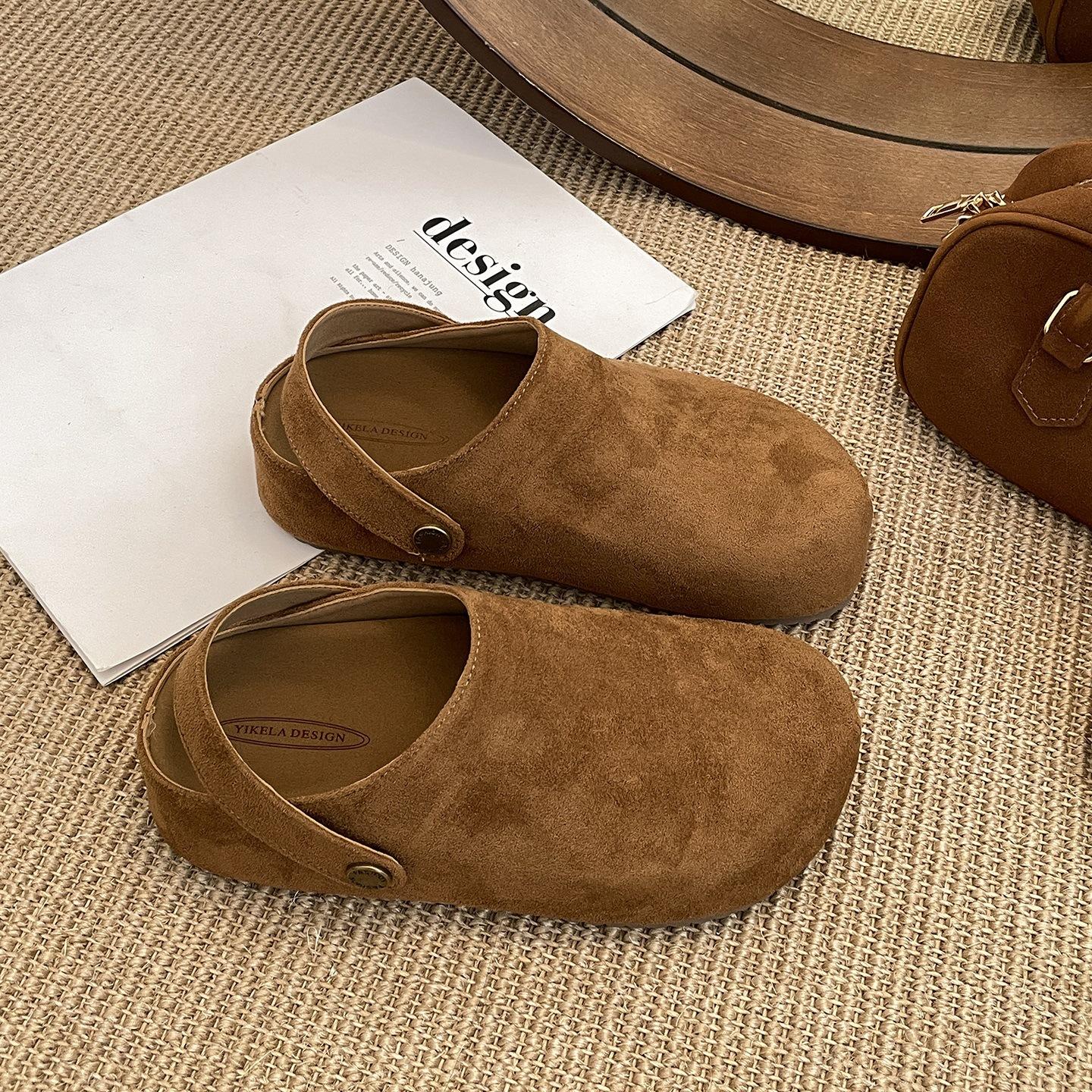 

Popular retro brown thick-soled bag head slippers women s outer wear 2025 new autumn with skirt soft-soled Birkenstock half-drag 35 верблюд