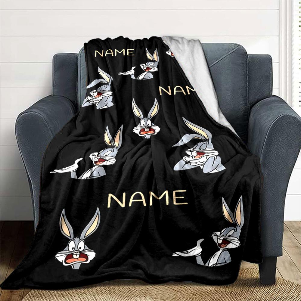Bugs Bunny Cartoon Characters With On A Black Background Gift Customizable Blanket Customize Your Name Soft Warm Cozy Suitable For Sofa Couch Office