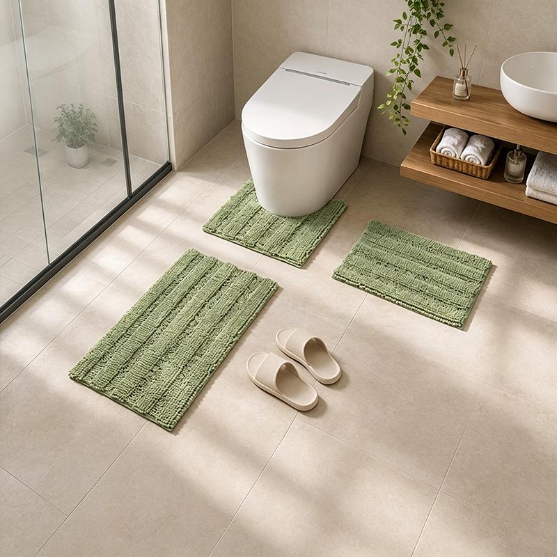 Chenille Bathroom Mat Set, Water Absorbent Toilet Floor Mats, Non‑Slip Bath Mat With U‑Shaped Toilet Rug For Home Bathroom