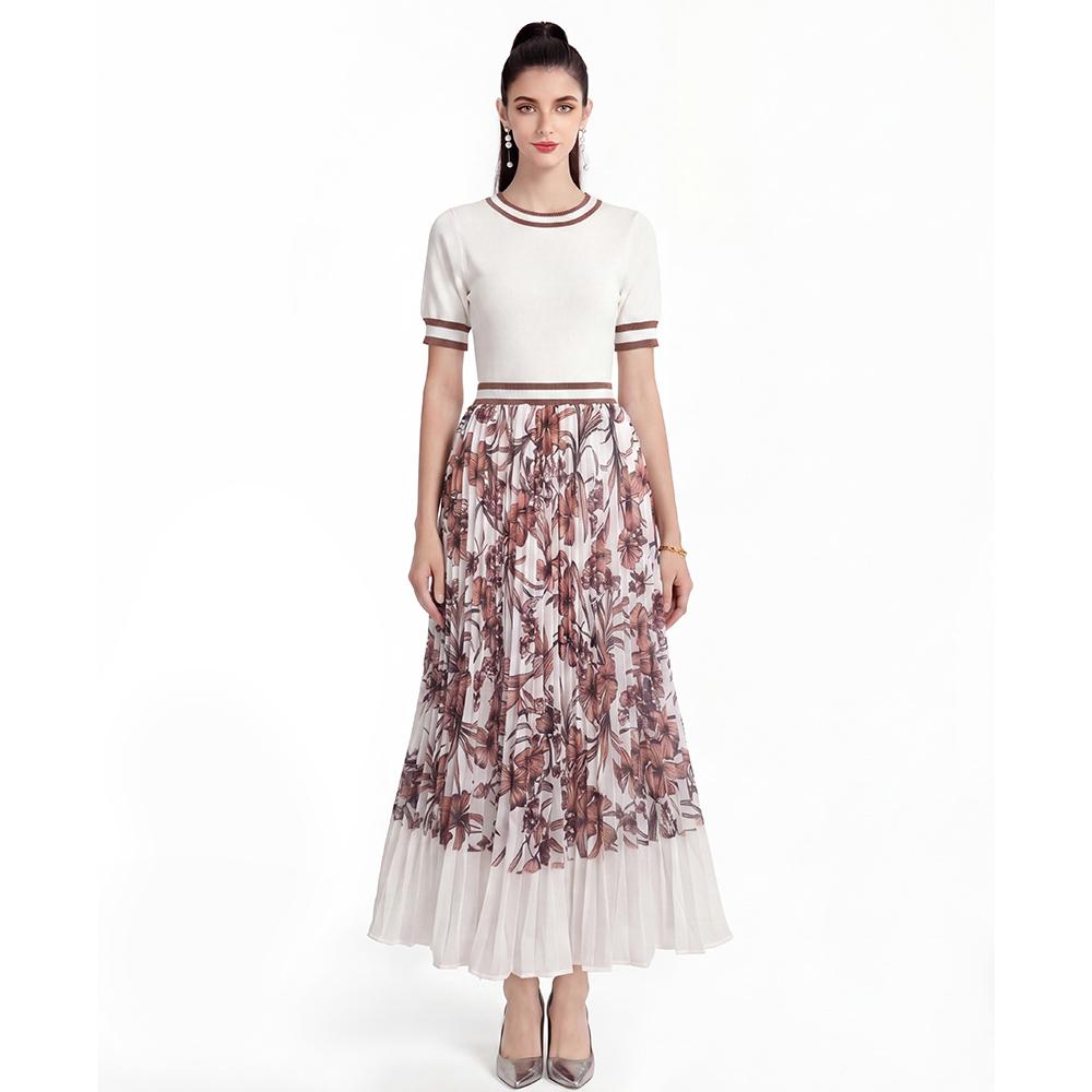 Women Fashion Knitting Sweater Patchwork Chiffon Dress Summer Short Sleeve Casual Floral Print Pleated Vacation Holiday Midi Sundress
