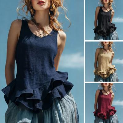 Women Tops Solid Color Loose Fit Breathable Casual Blouse O-Neck Sleeveless Ruffle Splicing Hem Summer Vest Daily Wear