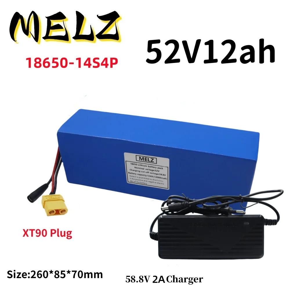 52V 12Ah 18650 Rechargeable Lithium Battery Pack 12000mAh 14S4P Suitable for 250-1000W Built-in BMS+58.8V 2A Charger