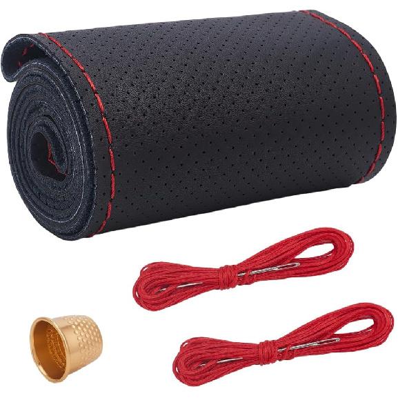 Black Cowhide Steering Wheel Cover Breathable Genuine Leather Stitch On Sewing Wrap Universal Non-Slip Car Steering Wheel DIY Protector with Needle