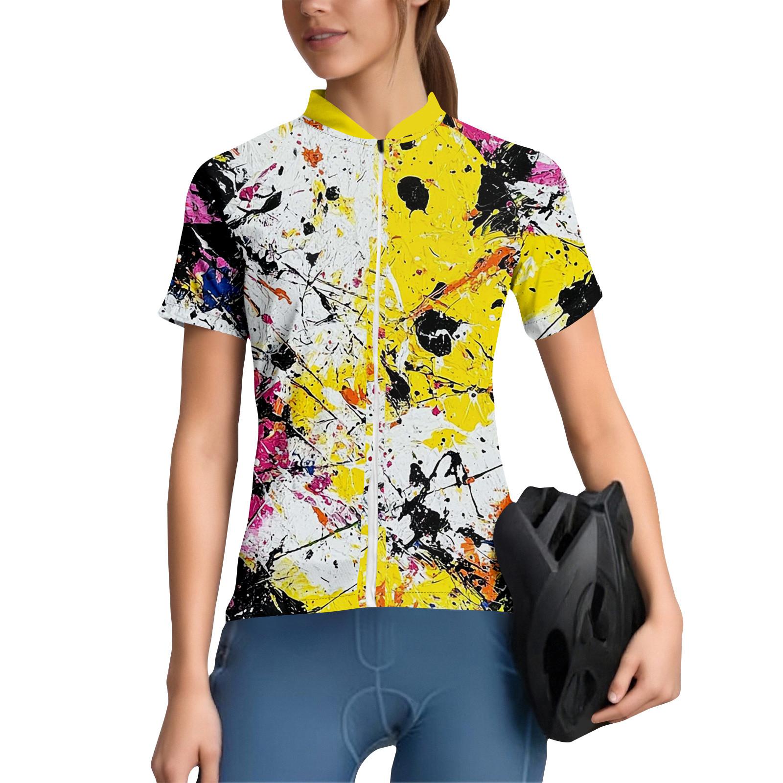 

Женский велосипедный костюм с цветочным принтом, велосипедная майка с коротким рукавом и 3 задними карманами, дышащий, быстросохнущий, влагоотводящий, светоотражающая полоса для велоспорта L жёлтый