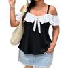 Summer New Large-size Elegant Off-shoulder Top with Ruffled Edges and Bow Ties, Cinched At The Waist for A Slimming Effect and A Draped Top.