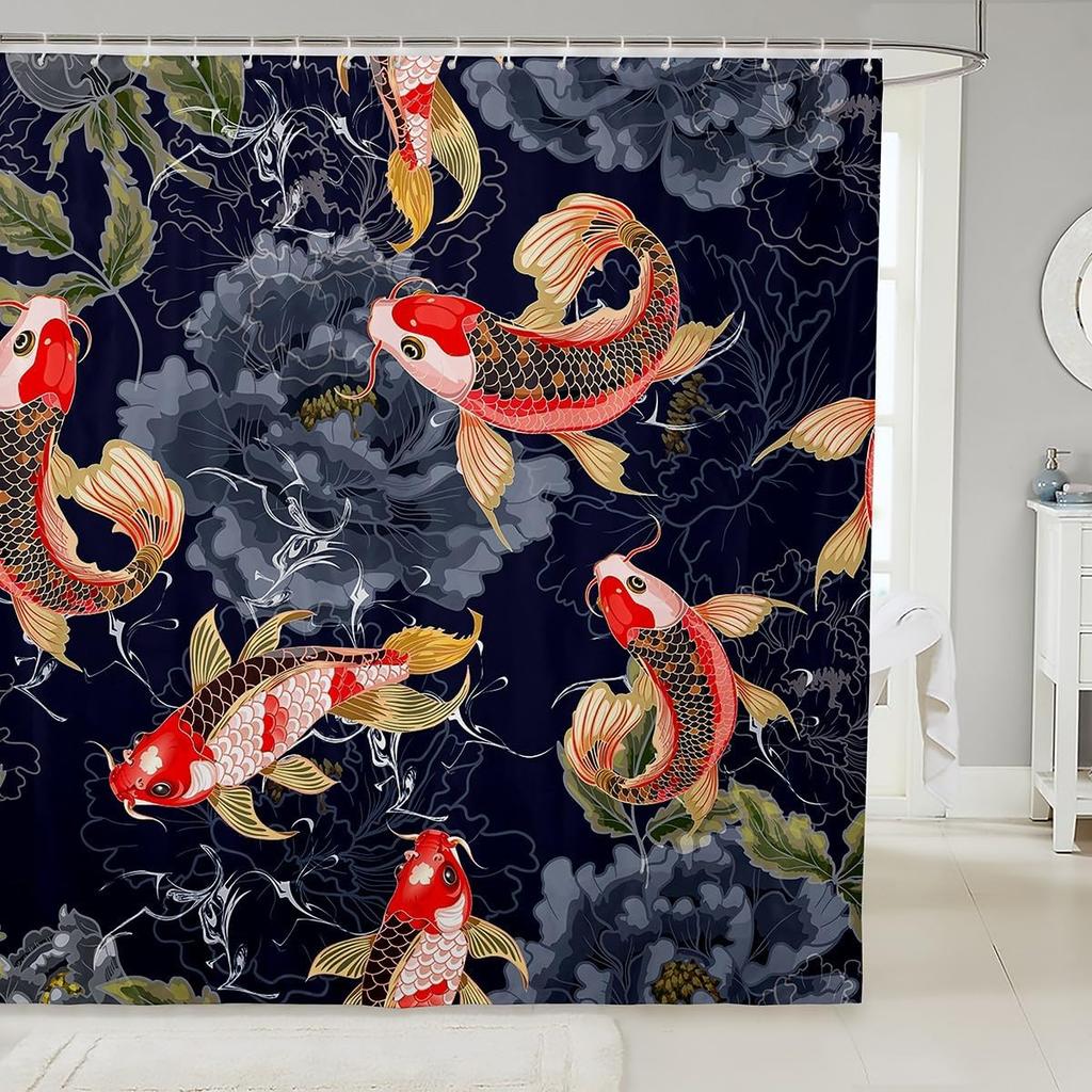 Kids Koi Fish Shower Curtain Boys Girls Japanese Wave Bathroom Shower Curtain Set Japanese Style Bath Curtain Fish Pattern