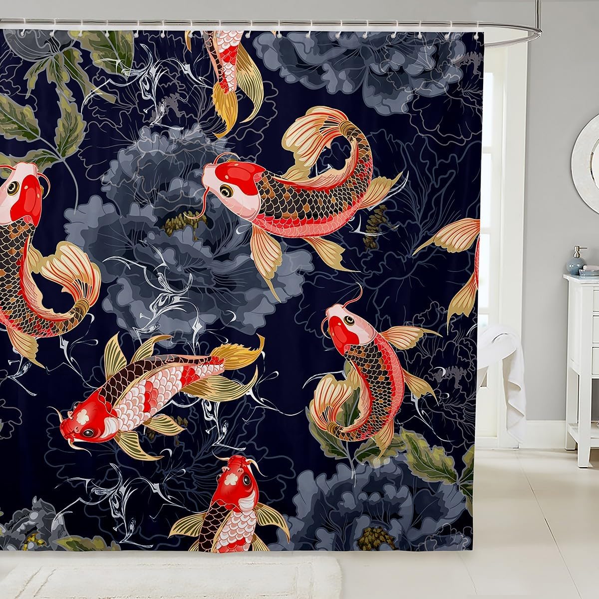 Kids Koi Fish Shower Curtain Boys Girls Japanese Wave Bathroom Shower Curtain Set Japanese Style Bath Curtain Fish Pattern 90x180CM