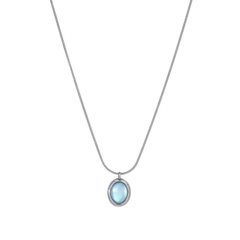 Elegant Sea Blue Mother-of-Pearl Pendant Necklace: Women's Light Luxury Design with Snake Bone Chain.