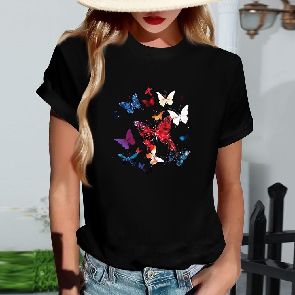 Women's Fashionable Round Neck Casual Retro Print Short Sleeved T-shirt Top