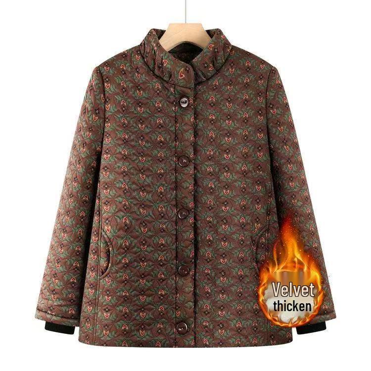 Floral Velvet-Lined Winter Coat for Elderly Women - Warm Cotton Jacket with Stand Collar