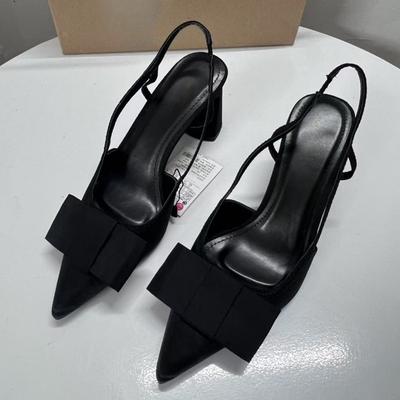 Fashion Vintage Black Women High Heeled Shoes Pointed Toe Shallow Fashion Bow-Knot Slingbacks Elegant Brand Designer Office Lady Pumps