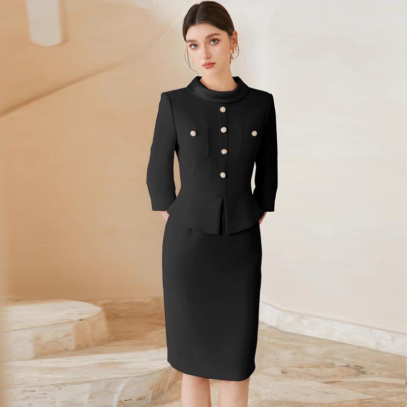 AD Temperamental Socialite Beige Dress: High-End Faux Two-Piece Round Neck Formal Skirt Set