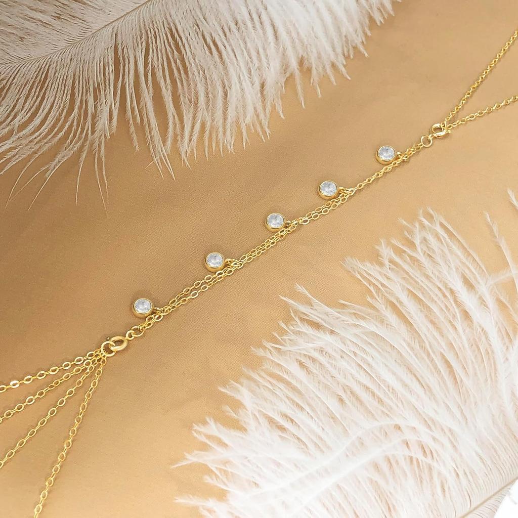 14K Gold Plated Brass Body Chain Women Sexy Layered Belly Waist Chain Summer Beach Crystal Beads Jewelry
