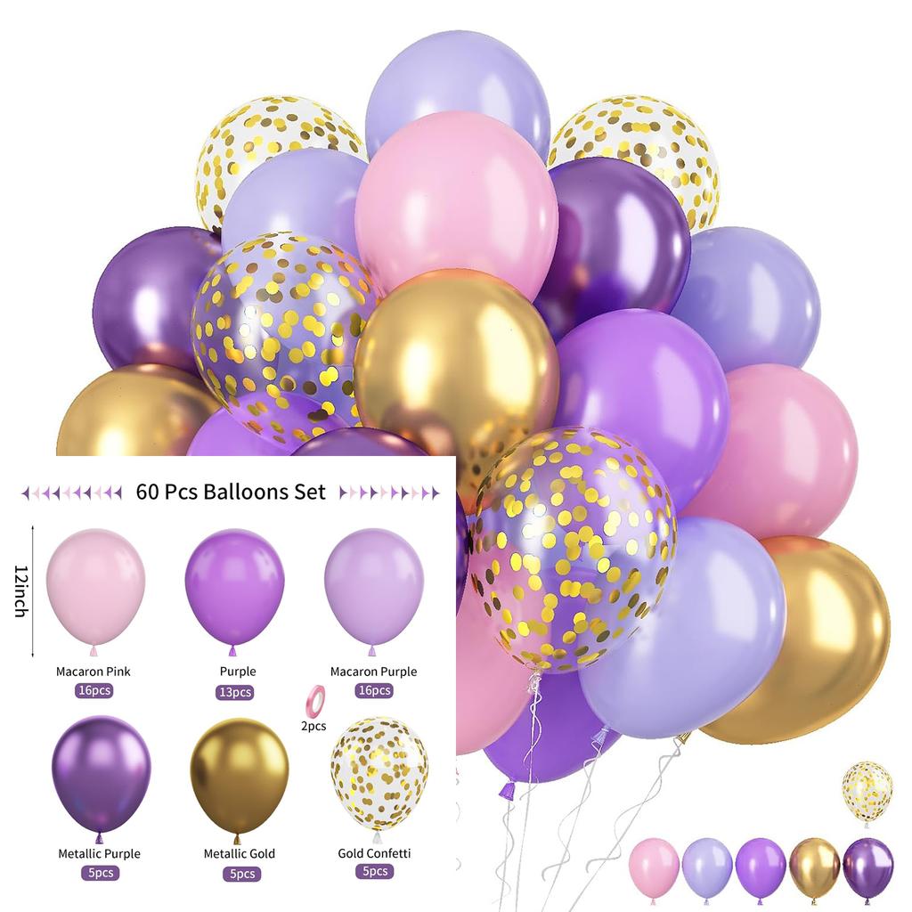 Set di 60 palloncini in lattice da 12 pollici rosa blu viola oro con coriandoli, adatto per matrimoni, compleanni, feste popolari