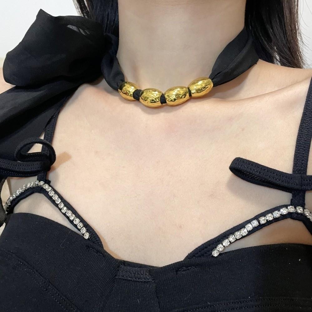 Western Style Beaded Silk Scarf Necklace Elegant Ribbon Choker Lace-up Collarbone Chain  Girls