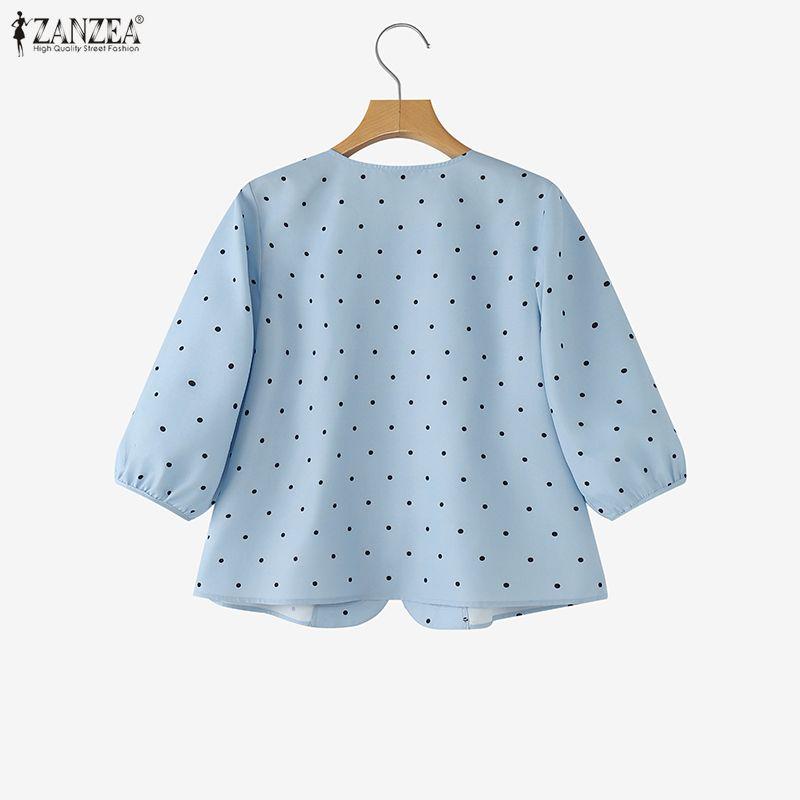 ZANZEA Women Casual Round Neck 3/4 Sleeve Loose Polka Dot Print Blouse