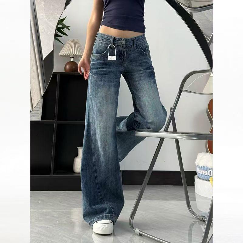 Vintage American Washed Lightning Straight Jeans Women's New Loose Spring Crack Slightly Raised Waist Mopping Pants