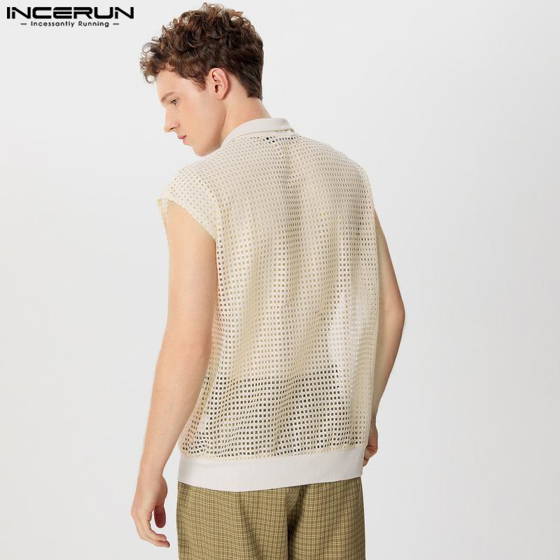 INCERUN Men Summer V Neck Sleeveless Hollow Tank Tops See Through Mesh Vest