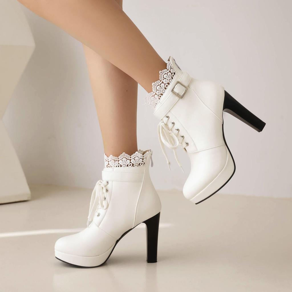 7/Damen-Kurzstiefel mit hohem Absatz, Herbst und Winter, neue Mode, wasserdichte Plattform, dicker Absatz, kurze Stiefel, große Damenstiefel