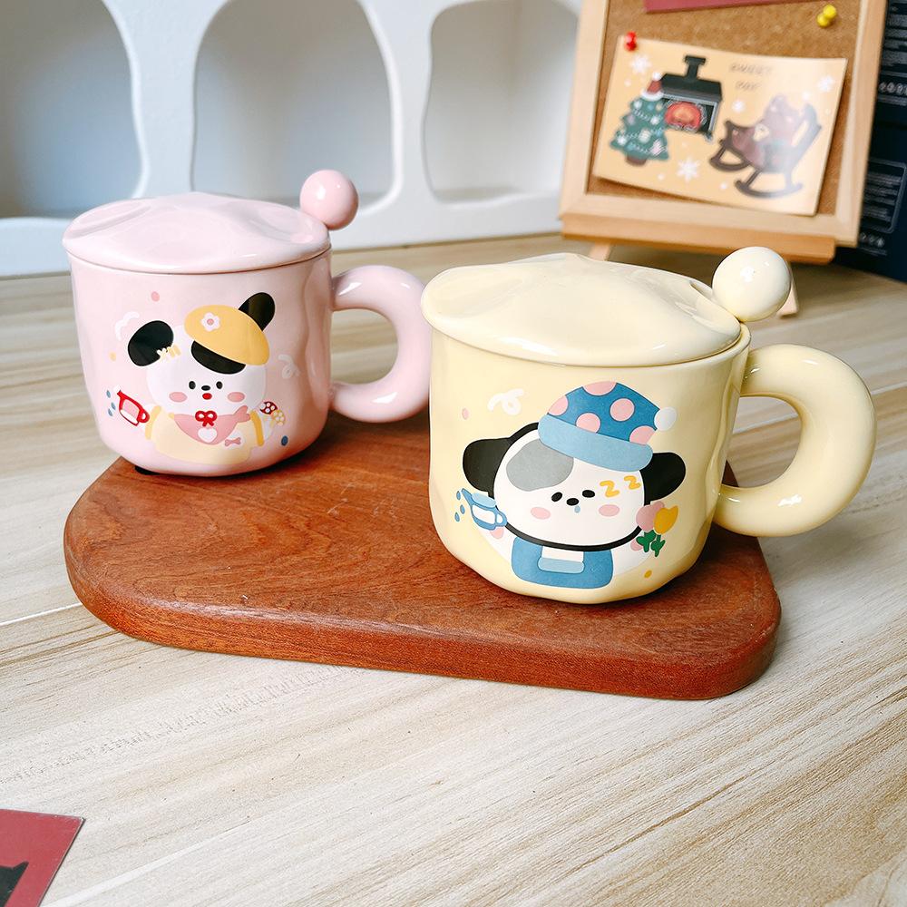 Cute Cartoon Puppy Couple Ceramic Cup Mug Water Cup Girls Boys Gift Souvenir with Cover Spoon