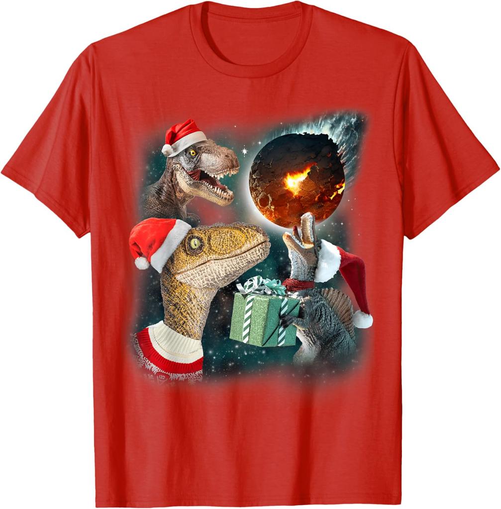 Funny Dinosaur Meteor Christmas Meme T-Shirt Three Rex Howling Graphic Cotton Tee
