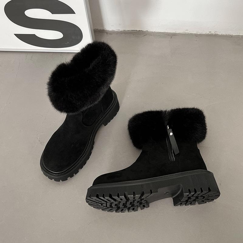 Comemore Fur Padded Thick-soled Snow Boots Women's 2025 New Winter Warm Cotton Shoes Casual Middle Heel Side Zipper Female Botas