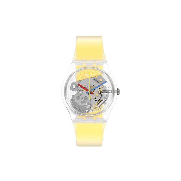Swatch Clear Series Quartz Movement Waterproof Design Womens Watch 34mm Skeleton Dial Plastic Case Silicone Strap Women watches GE291 Reinvigorated Yellow GE291