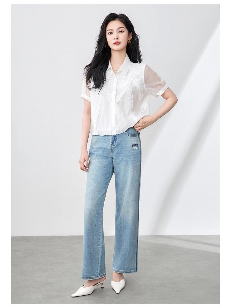 Elegant French Fine Spun Lace Puff Sleeve Cotton Blouse - Women's Summer Top