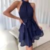 Autumn Winter Women Sleeveless High Waist A-Line Dress Solid Color Halter Casual Knee-Length Ruffled Edges