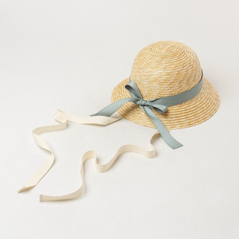 

202505-HH6035 ins chic summer handmade straw color ribbon British design holiday kids sun cap children girl leisure hat head size 52cm небо синє кольору