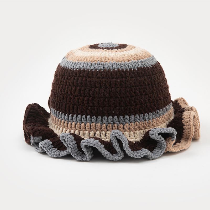 New Colorful Crochet Ruffle Brim Knit Bucket Hats Winter Woman Handmade Stretch Fisherman Cap Outdoor Warm Windproof Beanie Hat
