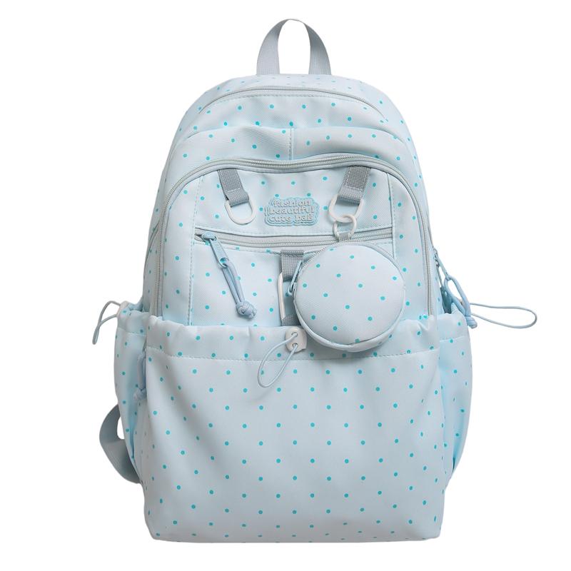 Women's Wave Point Print Backpack Junior High School Student Schoolbag Large Capacity Backpack with Coin Purse