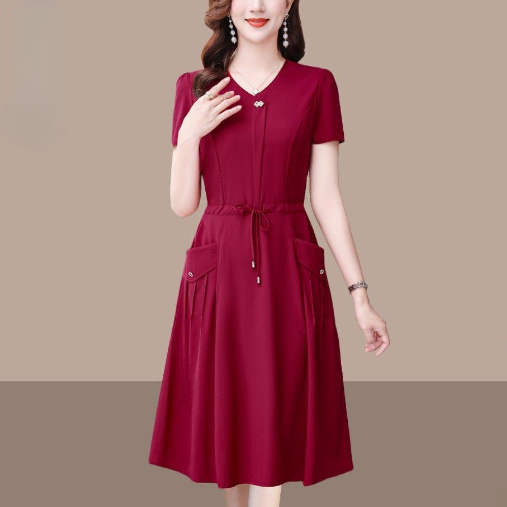 Fashion Summer Solid Color Short Sleeve Dress for Women Slim Fit Waist Cover Belly Elegant