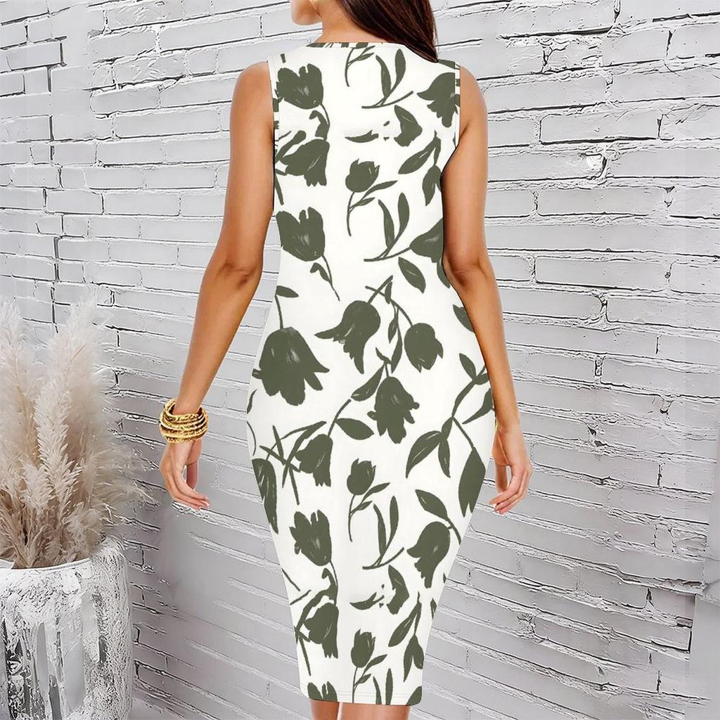 Women Plus Size Crew Neck Sleeveless Midi Dress Vintage Boho Patchwork Floral Print Bodycon Dress