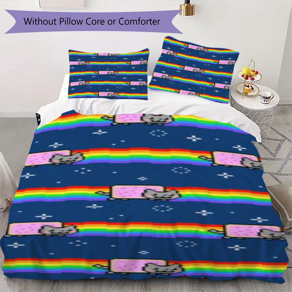 Nyan Cat Pattern Bedding Uilt Set Uilt Cover Pillowcase Home Decoration Birthday Gift (1 * Duvet Cover + 2 * Pillowcase Without Core)99