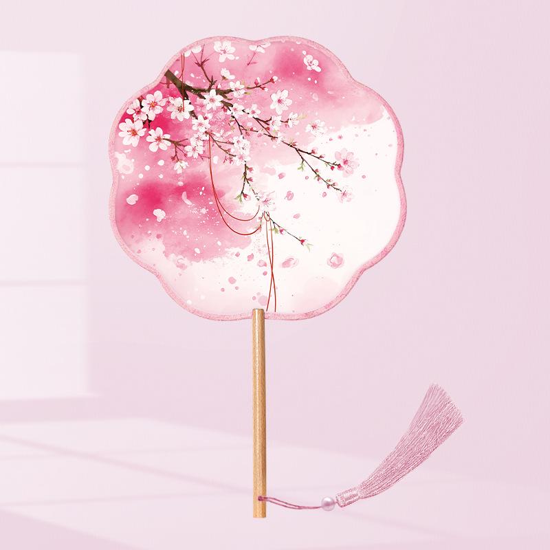 Girls' Summer Hanfu Dance Fan: Long Handle, Double-Sided Embroidered Round Fan for Traditional Costume