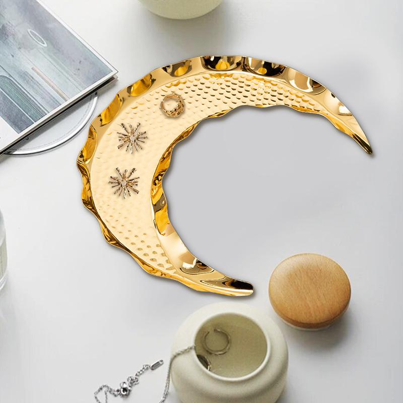 Gold Storage Tray Display Metal Pallet Creative Moon Design Handmade Crafts Fruit Cake Snack Plate Decorative Festival Supplies