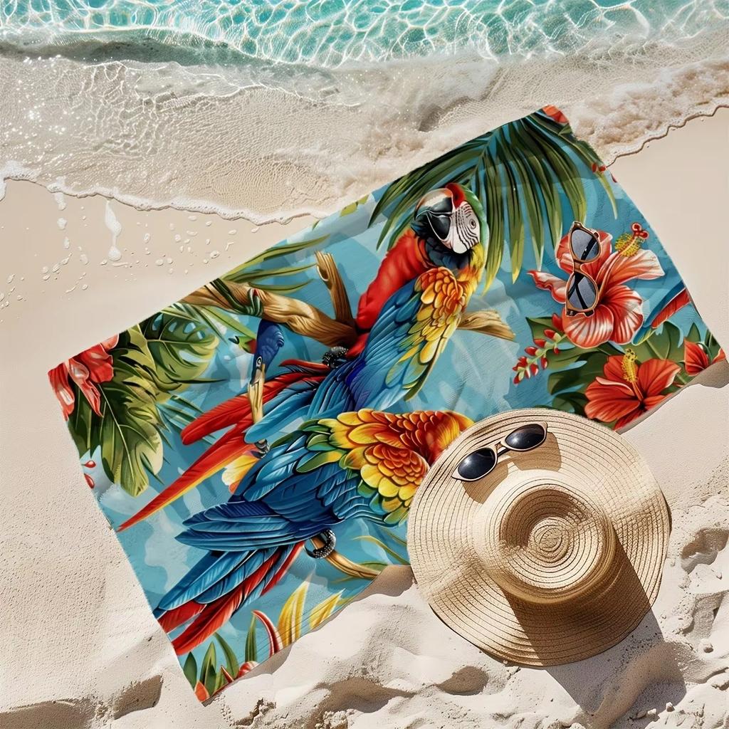 Tropical Parrot Beach Towel Flat Print Colorful Macaw Hibiscus Microfiber Sand-Free Quick Dry Bath Towel for Summer Pool Travel