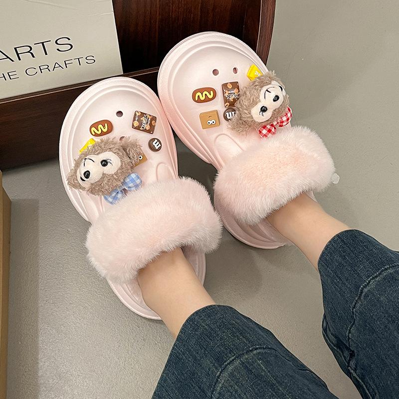 

Plush hole shoes for women to wear outside in winter, non-slip thick-soled heightening cotton slippers, winter household velvet warm cotton shoes 35