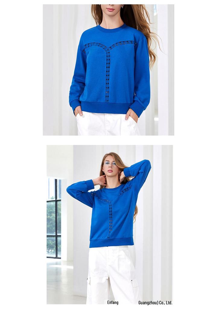 Winter 2026 Women's Lace Trim Round Neck Loose Hoodie with Hollow Design