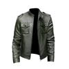 Leather Jacket Men's New Autumn and Winter Business Trend Korean Style Stand-up Collar Motorcycle Leather Jacket Green Handsome Jacket