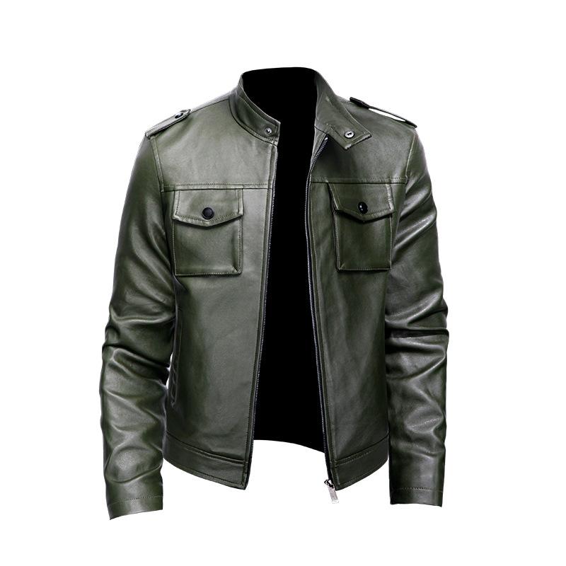 Leather Jacket Men's New Autumn and Winter Business Trend Korean Style Stand-up Collar Motorcycle Leather Jacket Green Handsome Jacket