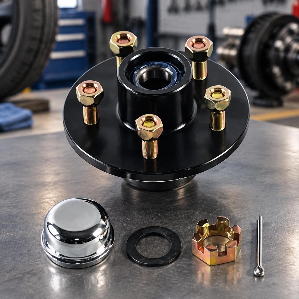 5-Lug Trailer Hub Assembly Black Metal with Dust Cap and Hardware