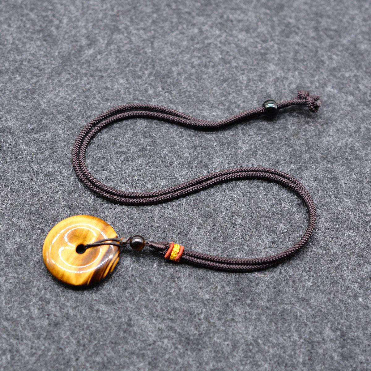 Unisex Necklace with Natural Tiger Eye, Wood Opal, and Jade Ping an Buckle Pendants