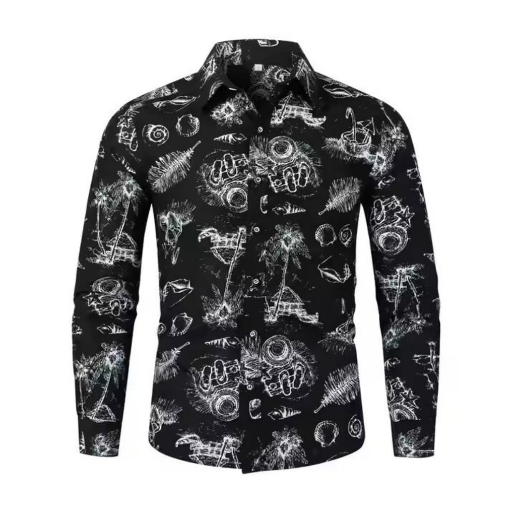 Camicia a Maniche Lunghe con Stampa Tropicale Hawaiana, Perfetta per l'Estate Casual